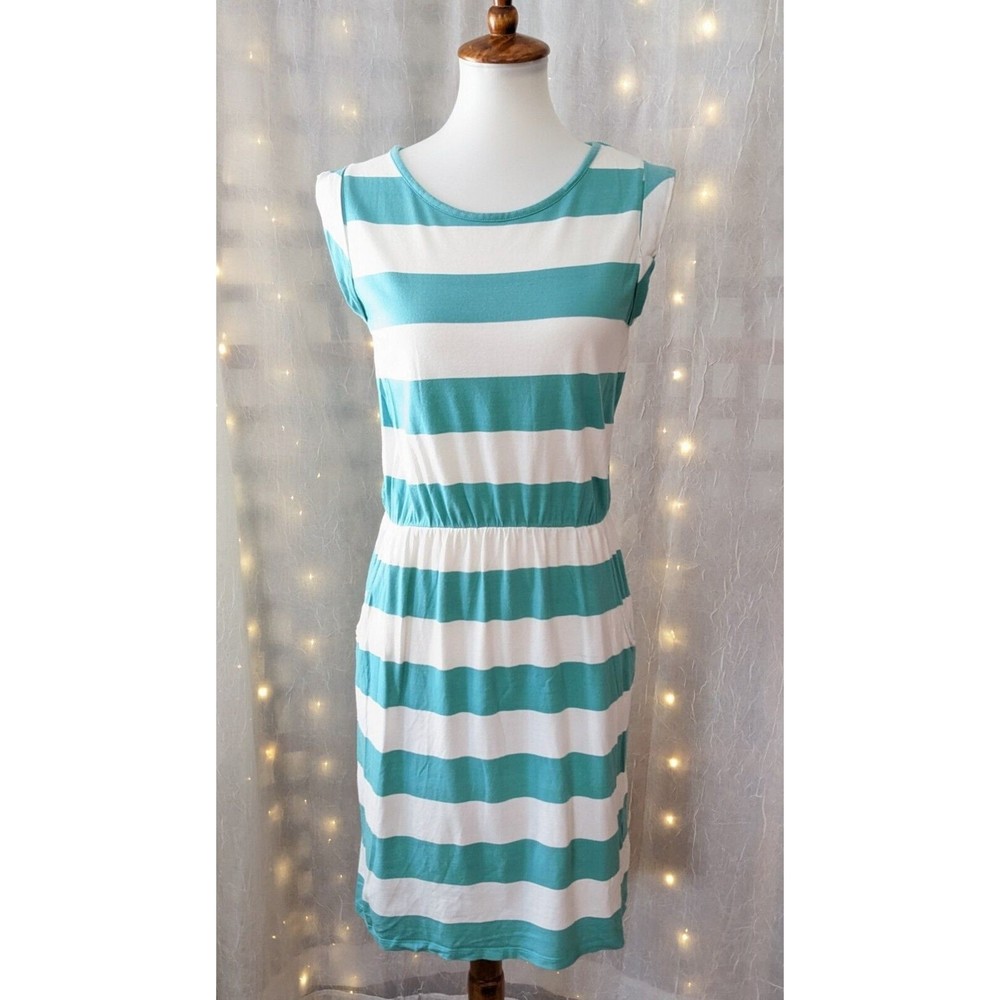 Boden 6 White Teal Striped Jersey Sundress Sleeveless Cotton Pockets Fit & Flare